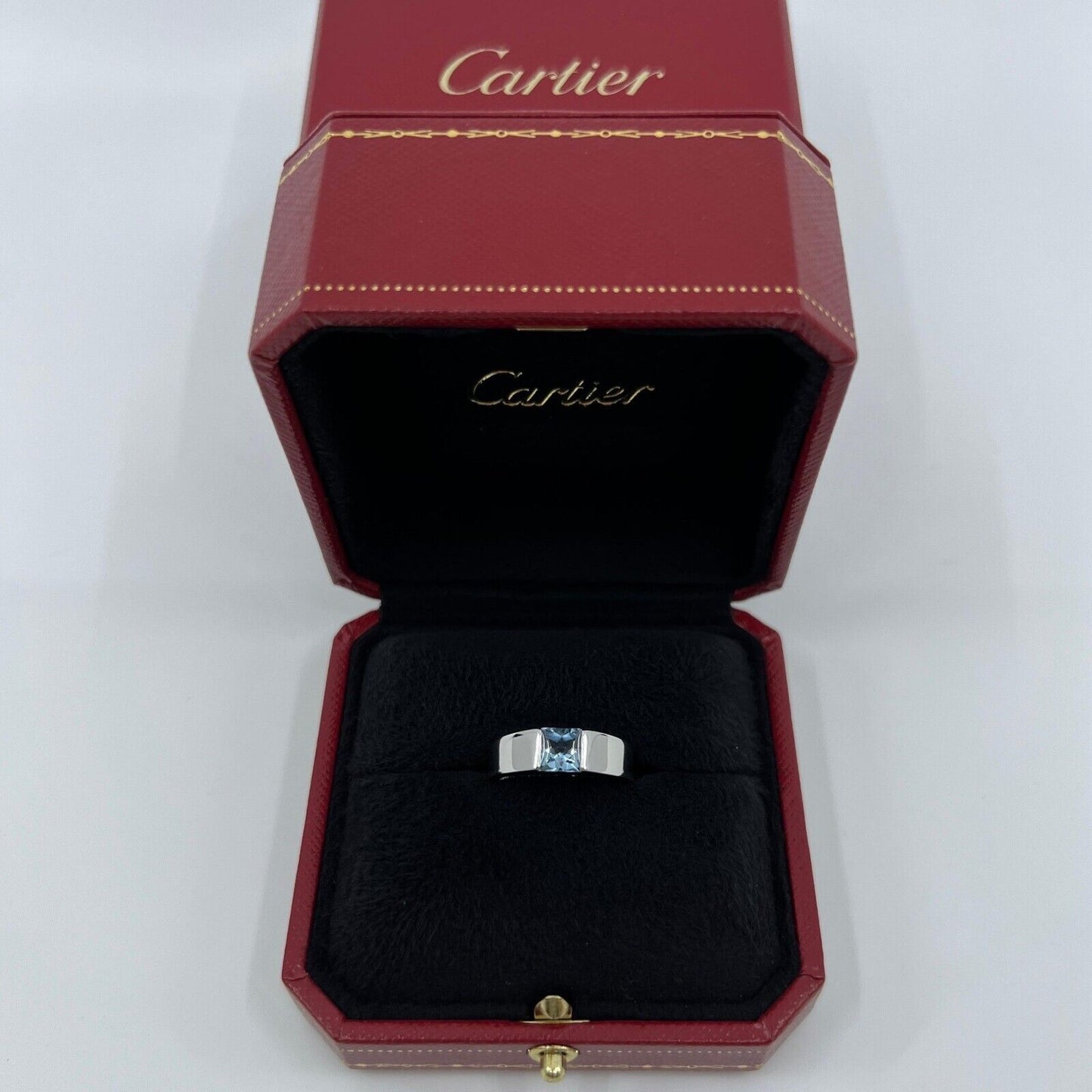 Vintage Cartier Blue Aquamarine Square Cushion 18k White Gold Tank Ring 49.5