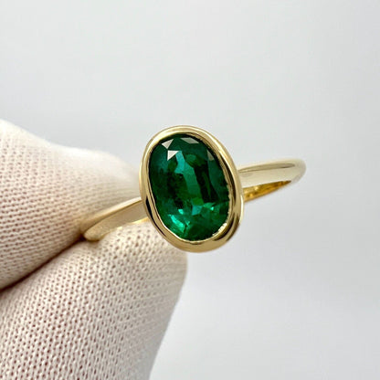 Natural Deep Green Emerald Oval Cut 18k Yellow Gold Rubover Bezel Solitaire Ring