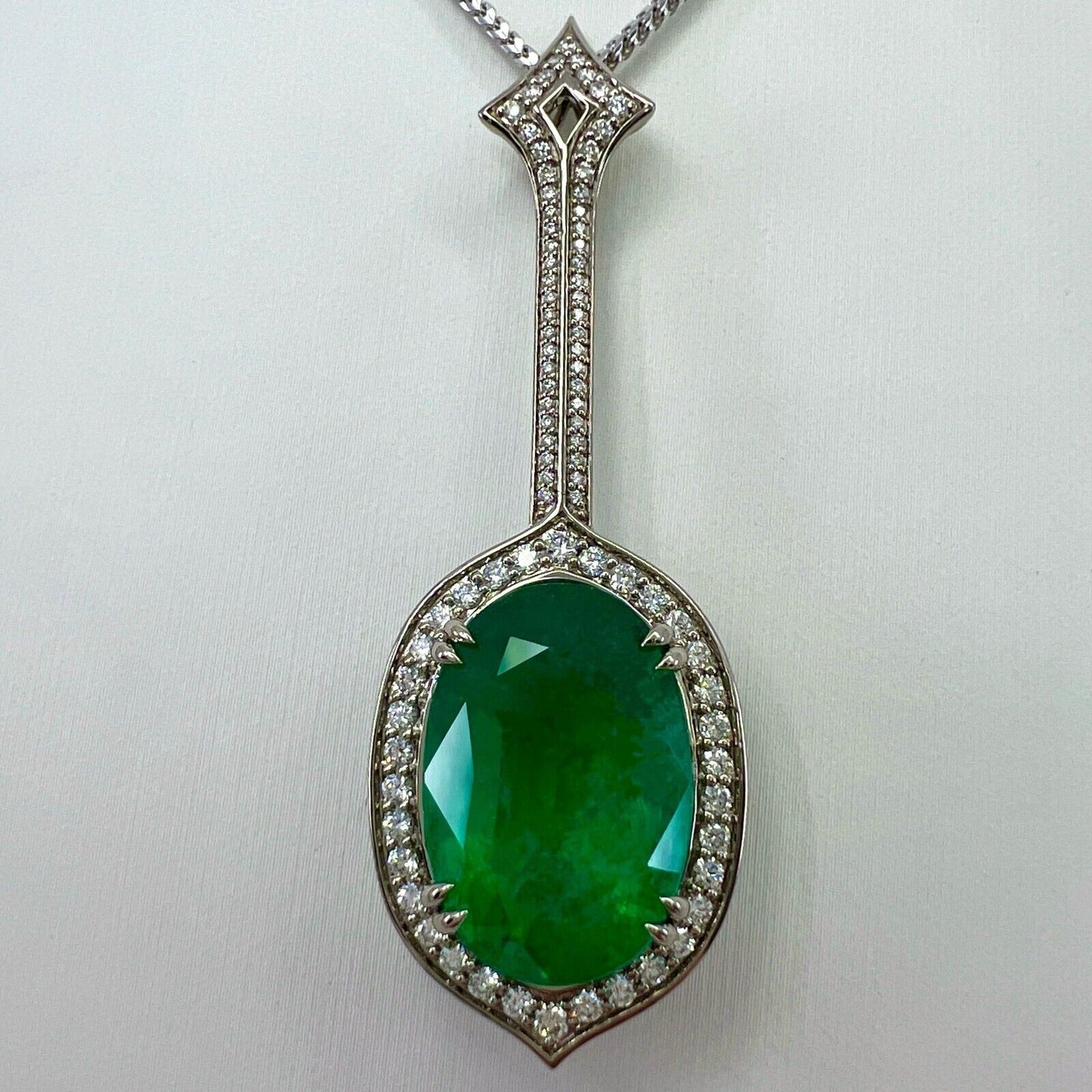 12.23ct GIA Certified RARE Russian Emerald & Diamond 18k White Gold Halo Pendant