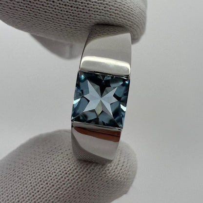 Vintage Cartier Blue Aquamarine Square Cushion 18k White Gold Tank Ring 49.5