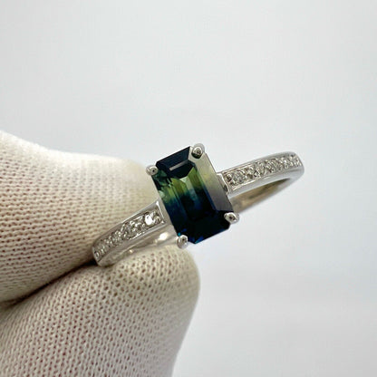 Certified Untreated Bi Colour Sapphire Blue Yellow Emerald Cut White Gold Ring