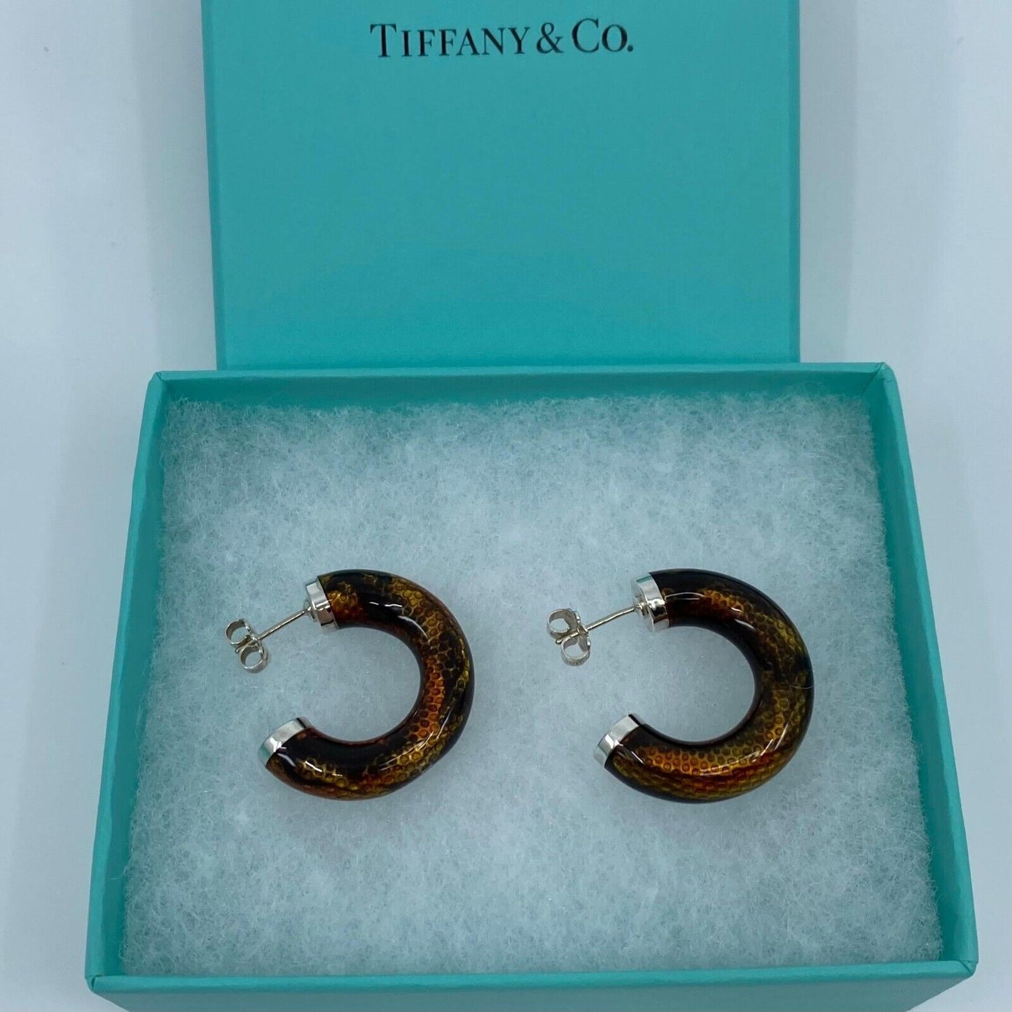 Rare Tiffany & Co. Italian Made Snakeskin Pattern Enamel Silver Hoop Earrings