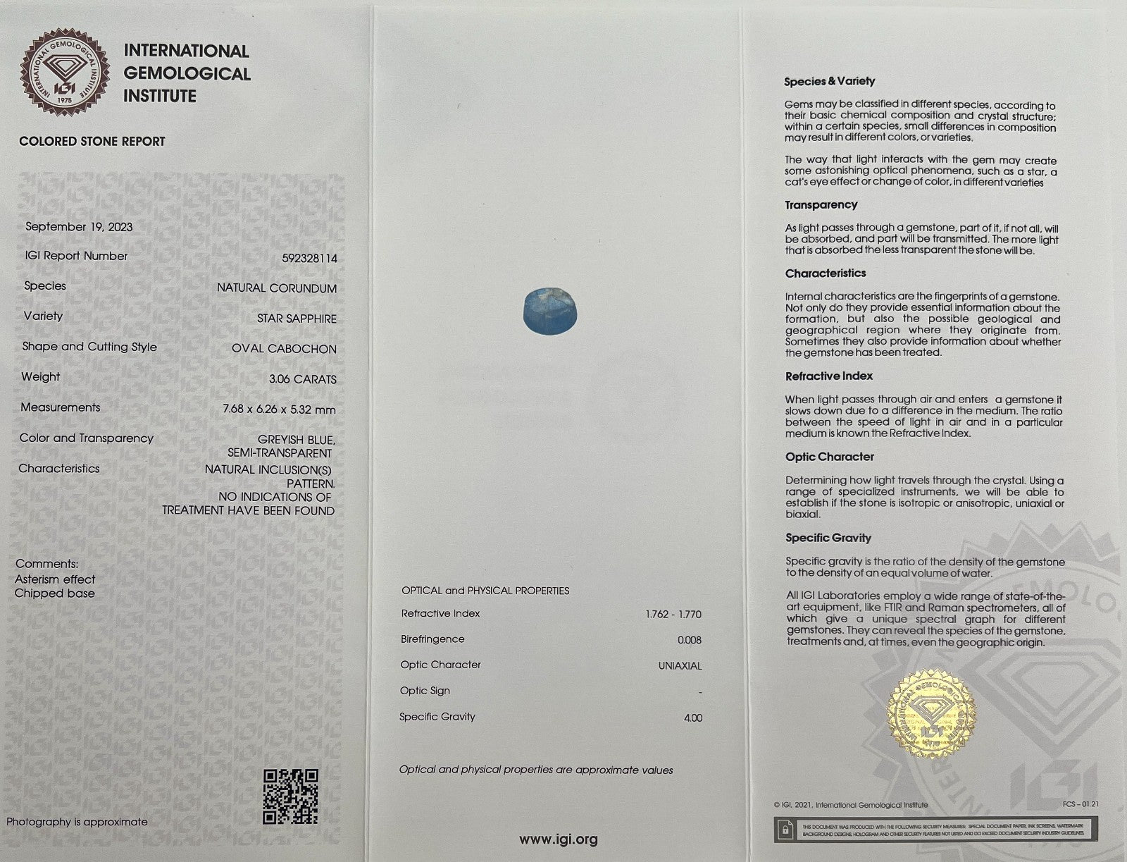 IGI CERTIFIED 3.06ct UNTREATED Blue STAR Sapphire NATURAL Oval RARE Ge ...