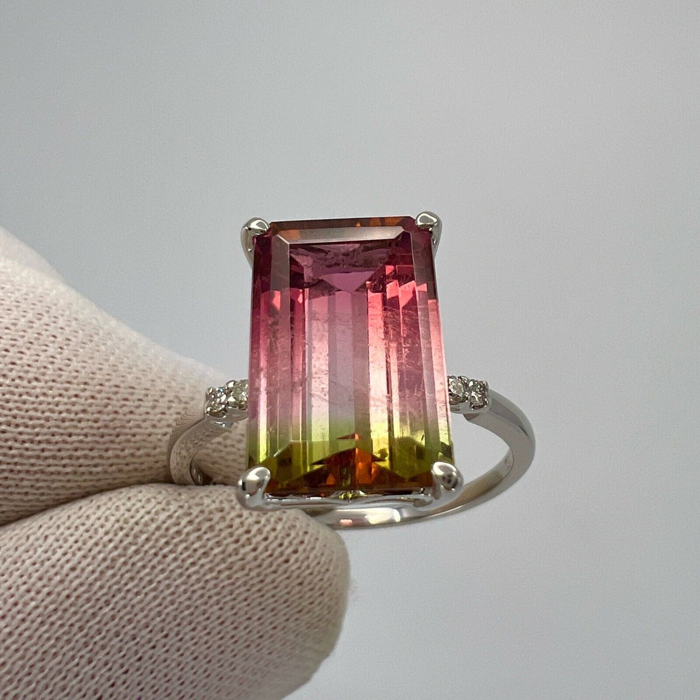 Unique 4.36ct Emerald Cut Watermelon Tourmaline Diamond Platinum Solitaire Ring