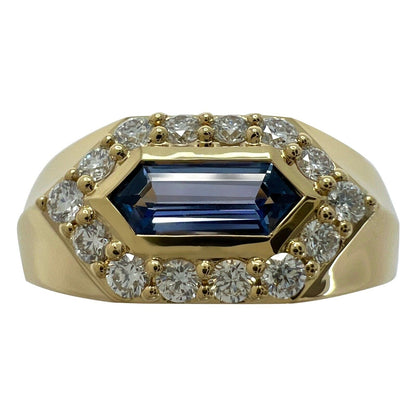 1.03ct Fancy Pentagon Ceylon Blue Sapphire & Diamond 18k Gold Halo Signet Ring