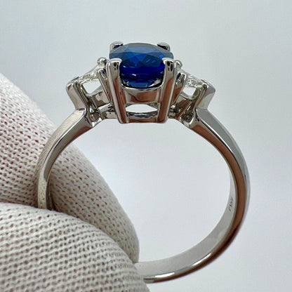 Fine Royal Blue Sapphire & Diamond 18k White Gold Oval Cut Three Stone Ring