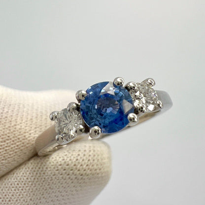 Natural Vivid Blue Round Ceylon Sapphire & Diamond White Gold Three Stone Ring