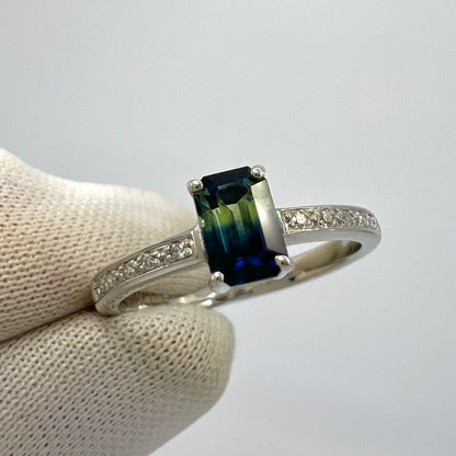 Certified Untreated Bi Colour Sapphire Blue Yellow Emerald Cut White Gold Ring