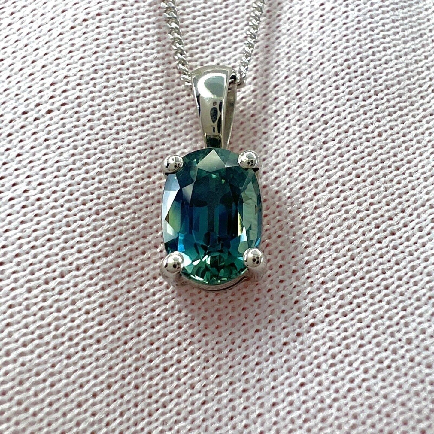 1.37 Carat Teal Blue Green Sapphire Platinum Oval Cut Solitaire Pendant Necklace