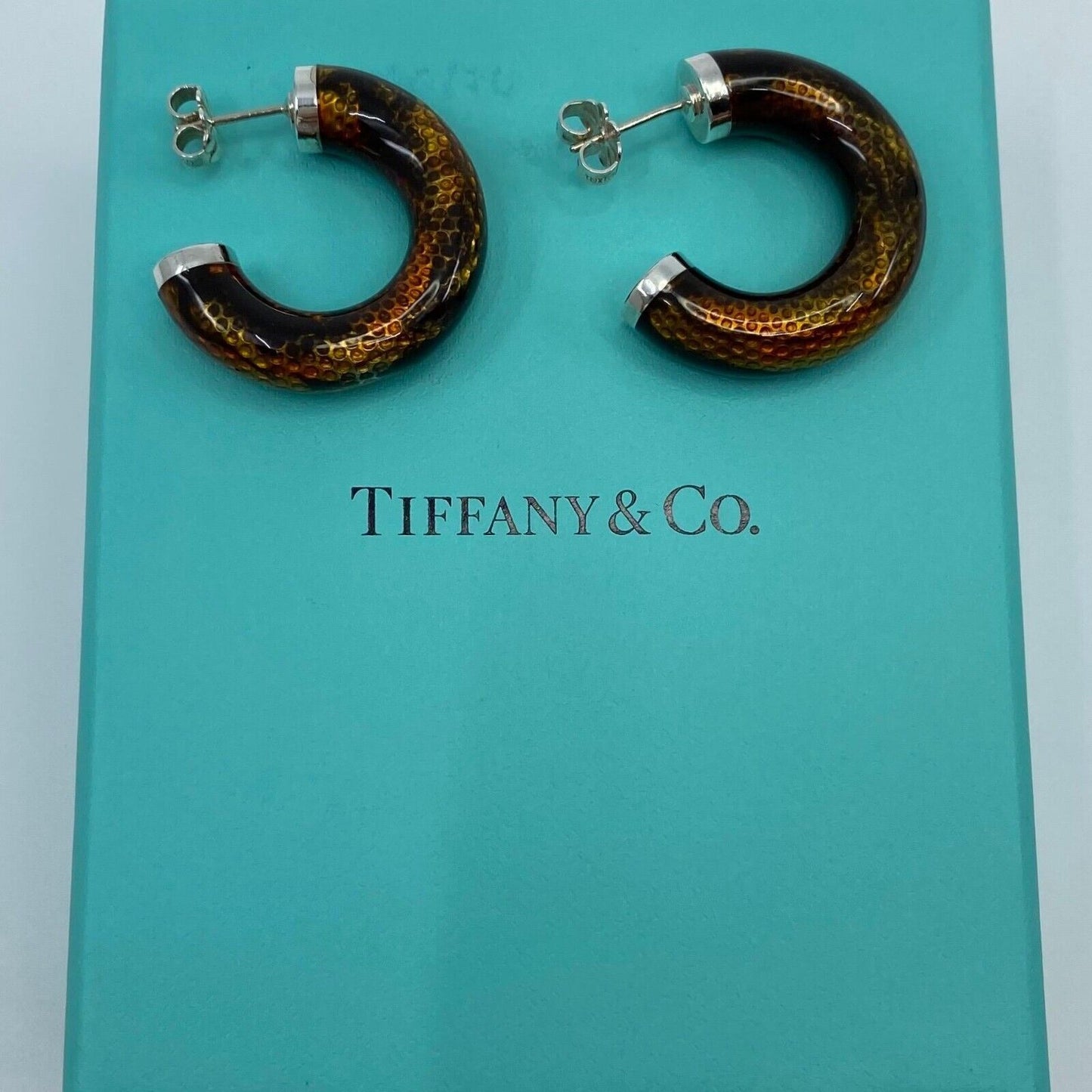 Rare Tiffany & Co. Italian Made Snakeskin Pattern Enamel Silver Hoop Earrings