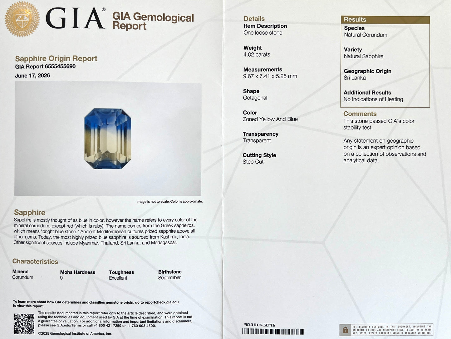 UNIQUE 4.02ct GIA CERTIFIED Ceylon Sapphire BI COLOUR Untreated Octagon RARE Gem