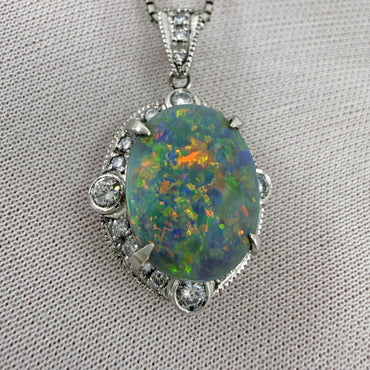 Fine Natural 5.45ct Australian Black Opal And Diamond Platinum Pendant Necklace