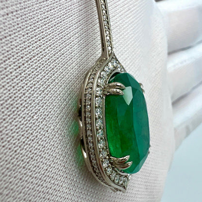 12.23ct GIA Certified RARE Russian Emerald & Diamond 18k White Gold Halo Pendant
