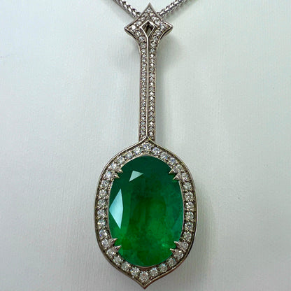12.23ct GIA Certified RARE Russian Emerald & Diamond 18k White Gold Halo Pendant