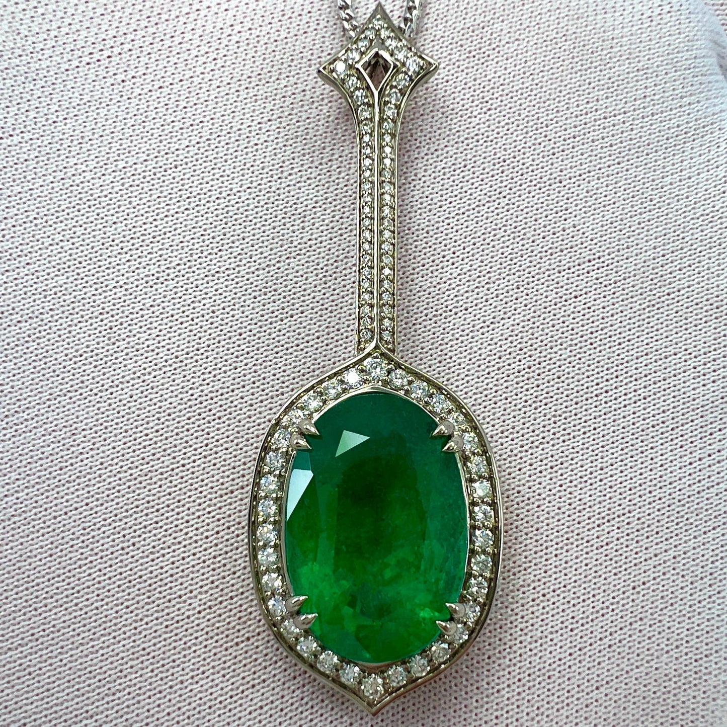12.23ct GIA Certified RARE Russian Emerald & Diamond 18k White Gold Halo Pendant