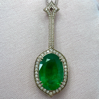 12.23ct GIA Certified RARE Russian Emerald & Diamond 18k White Gold Halo Pendant