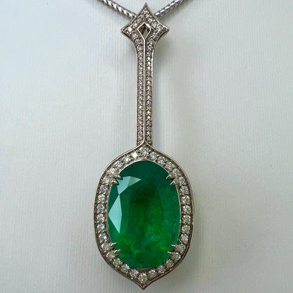 12.23ct GIA Certified RARE Russian Emerald & Diamond 18k White Gold Halo Pendant