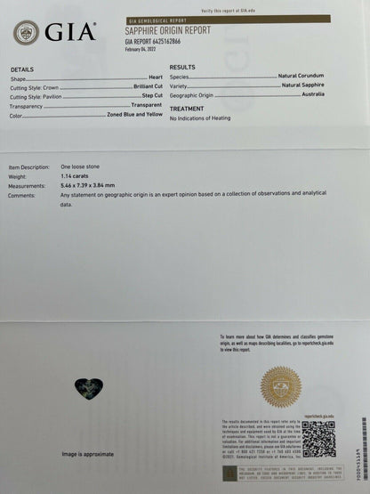 GIA CERTIFIED Bi Colour Australian Sapphire 1.14ct Yellow Blue Heart Cut NO HEAT