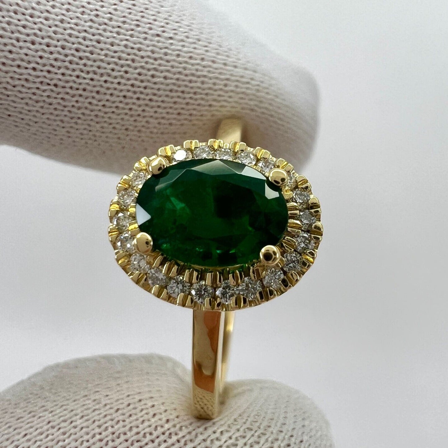 GIA Certified Deep Green Emerald And Diamond 18k Yellow Gold Cluster Halo Ring