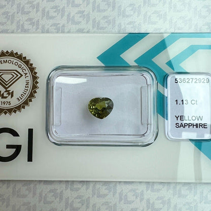 1.13ct UNIQUE Olive Green Yellow UNTREATED Heart Cut Sapphire Gem IGI Blister