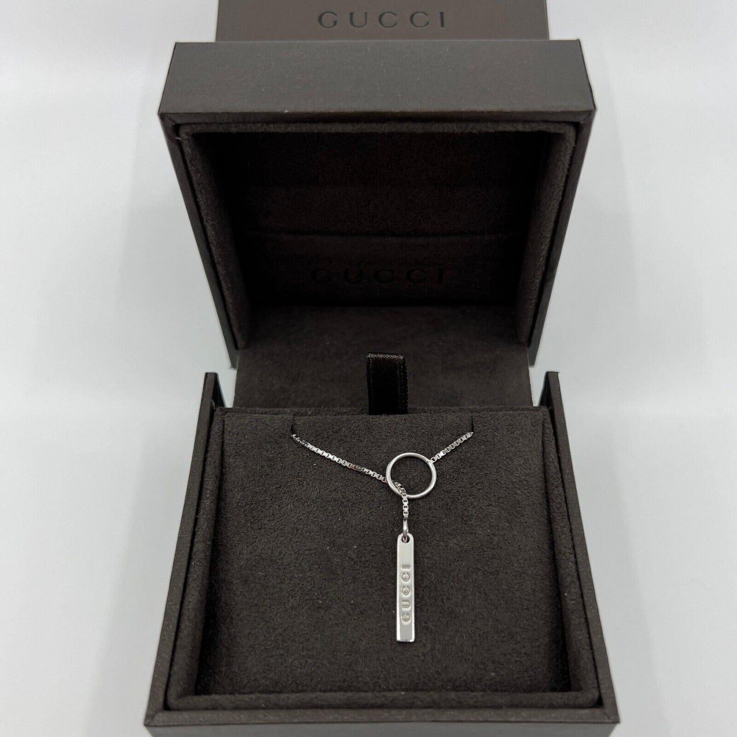 Gucci 18 Karat White Gold Bar Lariat Pendant Necklace with Original Gucci Box