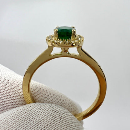 GIA Certified Deep Green Emerald And Diamond 18k Yellow Gold Cluster Halo Ring