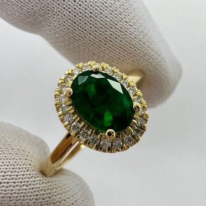 GIA Certified Deep Green Emerald And Diamond 18k Yellow Gold Cluster Halo Ring