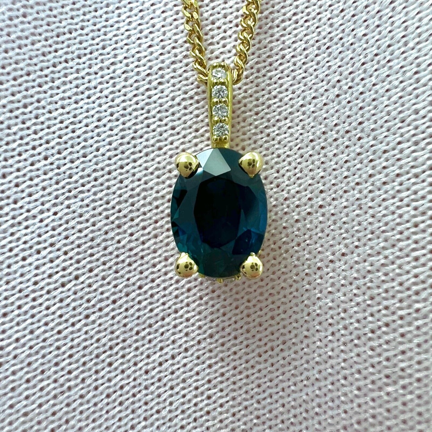 1 Carat Deep Blue Sapphire Diamond 18k Yellow Gold Hidden Halo Pendant Necklace