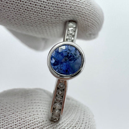 Fine Vivid Blue Round Cut Ceylon Sapphire Diamond White Gold Bezel Rubover Ring