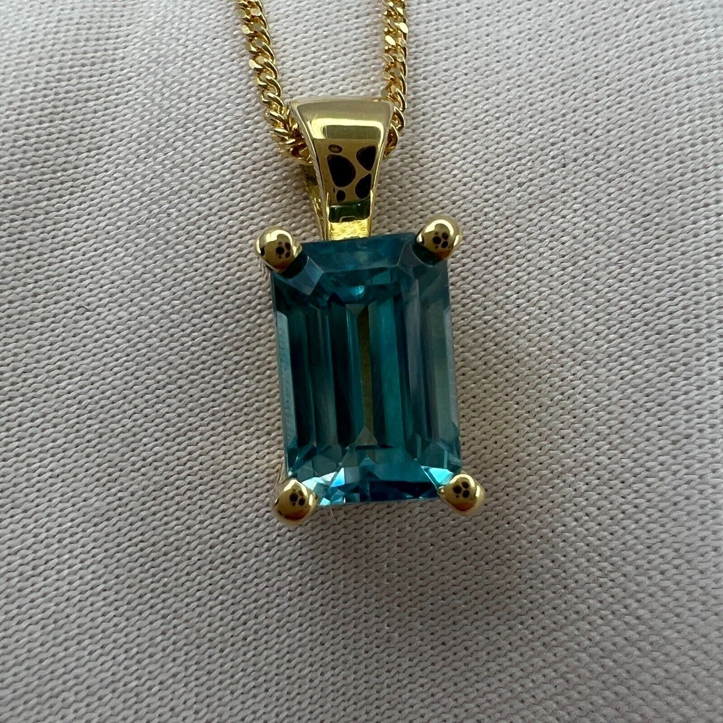 2.45 Carat Vivid Neon Blue Zircon Emerald Cut 18k Yellow Gold Pendant Necklace