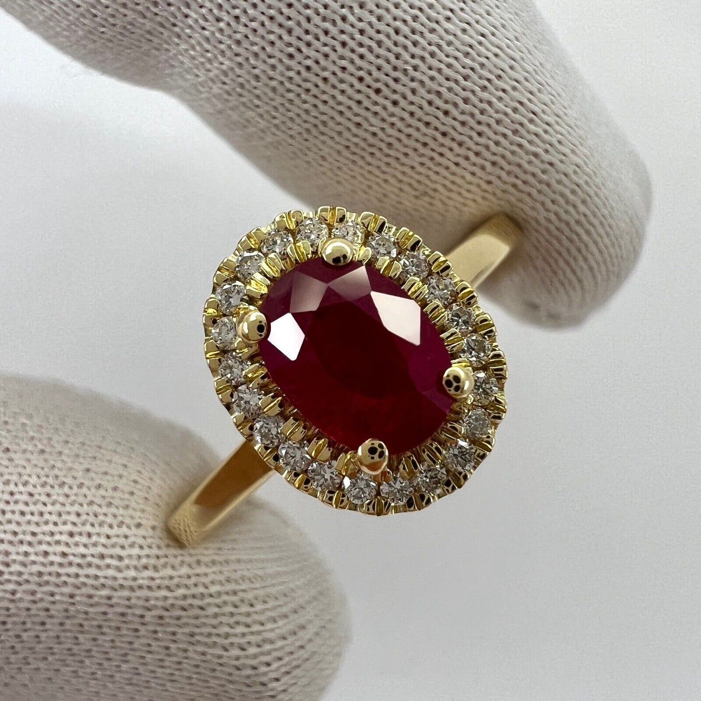 1.06 Carat Deep Red Ruby And Diamond Oval Cut 18k Yellow Gold Halo Cluster Ring