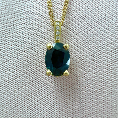 1 Carat Deep Blue Sapphire Diamond 18k Yellow Gold Hidden Halo Pendant Necklace