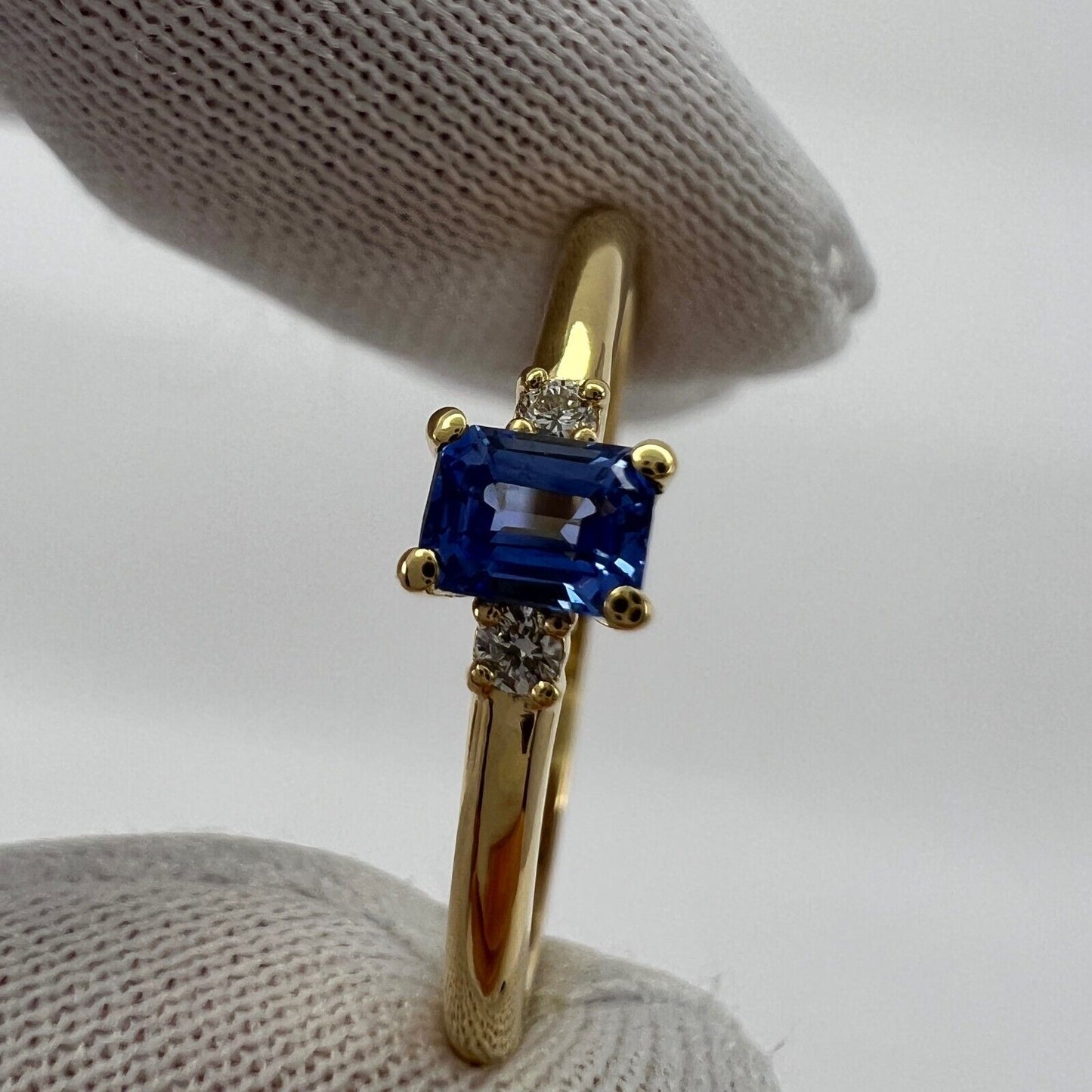 Delicate Ceylon Blue Emerald Cut Sapphire & Diamond Three Stone 18k Gold Ring