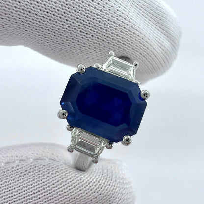 4 Carat Emerald Cut Ceylon Blue Sapphire & Diamond Platinum Three Stone Ring