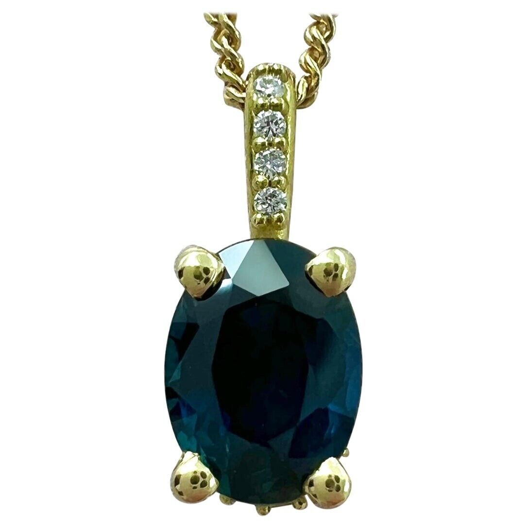 1 Carat Deep Blue Sapphire Diamond 18k Yellow Gold Hidden Halo Pendant Necklace