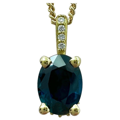 1 Carat Deep Blue Sapphire Diamond 18k Yellow Gold Hidden Halo Pendant Necklace