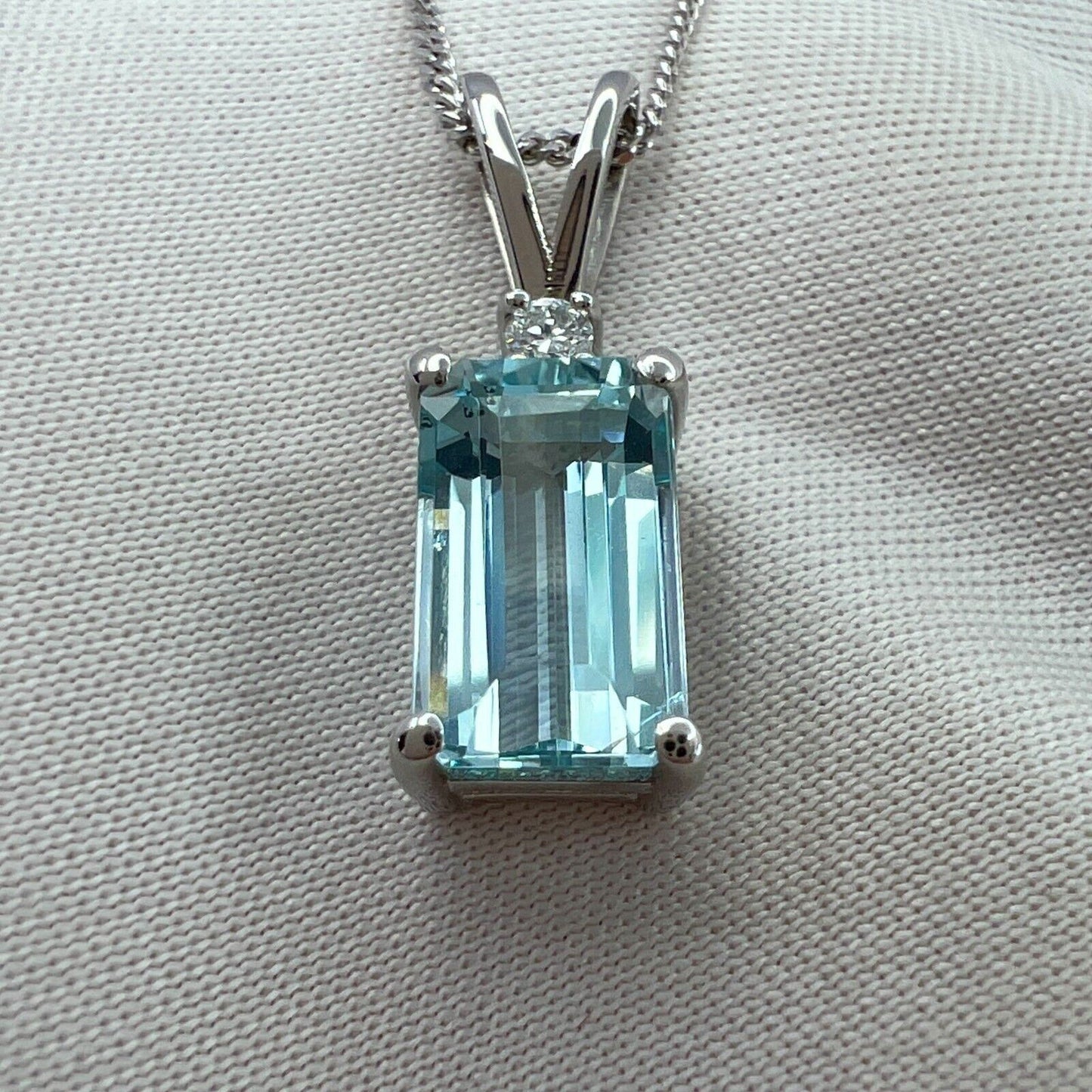 1.60ct Fine Blue Emerald Cut Aquamarine & Diamond 950 Platinum Pendant Necklace