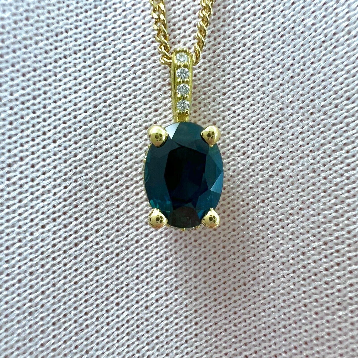 1 Carat Deep Blue Sapphire Diamond 18k Yellow Gold Hidden Halo Pendant Necklace