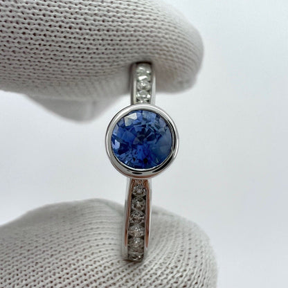 Fine Vivid Blue Round Cut Ceylon Sapphire Diamond White Gold Bezel Rubover Ring