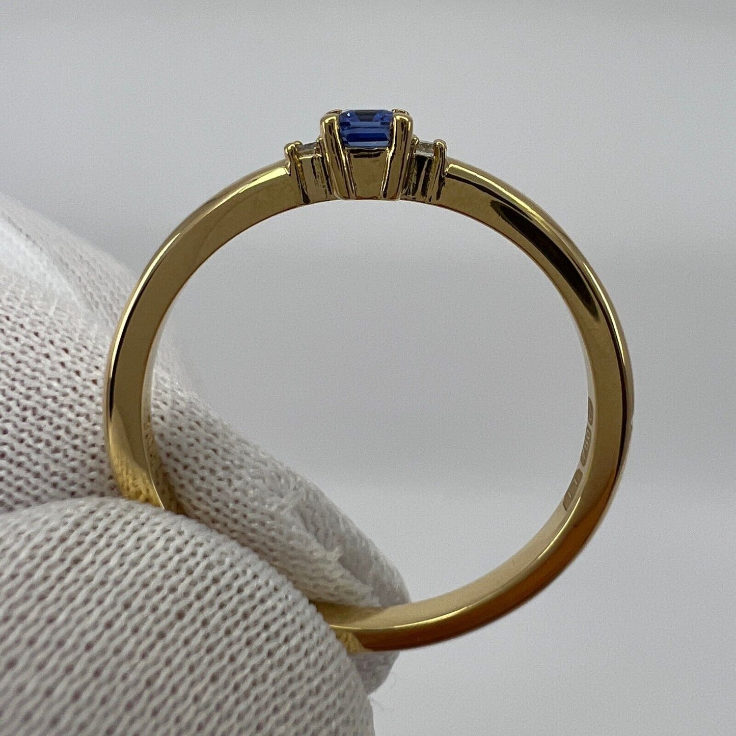 Delicate Ceylon Blue Emerald Cut Sapphire & Diamond Three Stone 18k Gold Ring