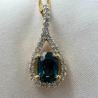 NATURAL 1.23ct Blue Sapphire & Diamond Crossover 18k Gold Oval Pendant Necklace