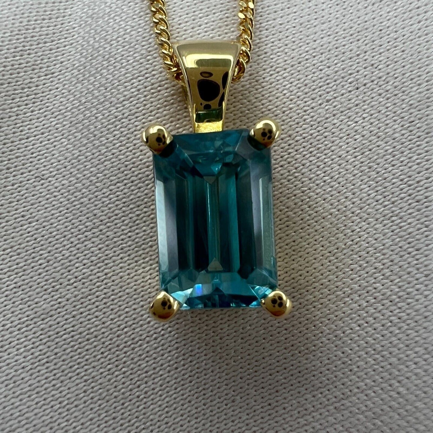 2.45 Carat Vivid Neon Blue Zircon Emerald Cut 18k Yellow Gold Pendant Necklace