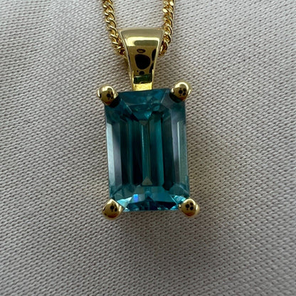 2.45 Carat Vivid Neon Blue Zircon Emerald Cut 18k Yellow Gold Pendant Necklace