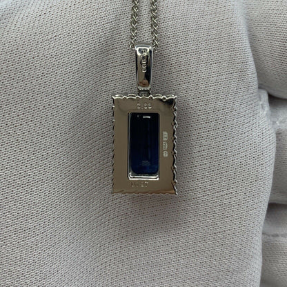 FINE 4.65ct Royal Blue Emerald Cut Sapphire & Diamond Rectangle Platinum Pendant