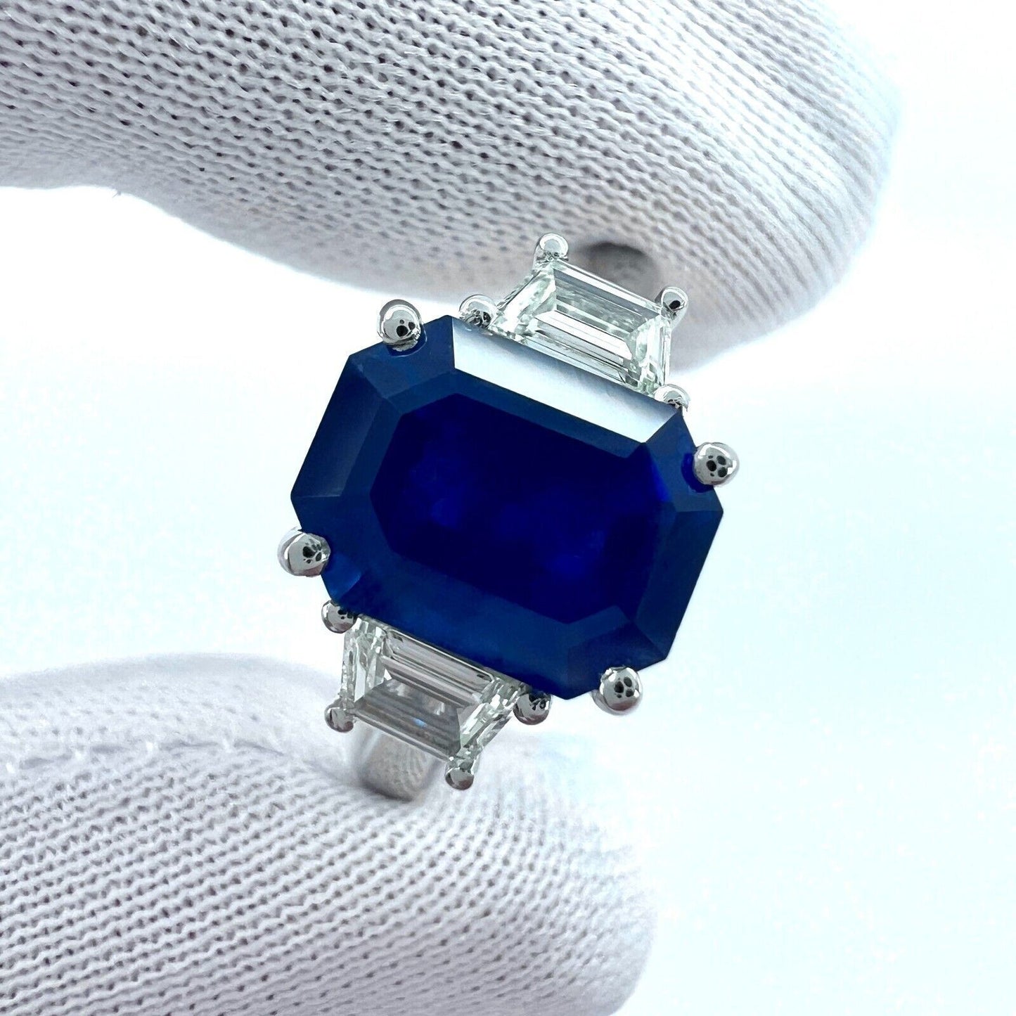 4 Carat Emerald Cut Ceylon Blue Sapphire & Diamond Platinum Three Stone Ring