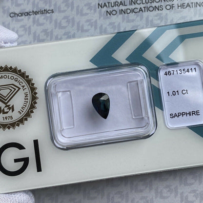 Fine 1.01ct DEEP Green Blue UNTREATED Sapphire Pear Teardrop Cut IGI CERTIFIED