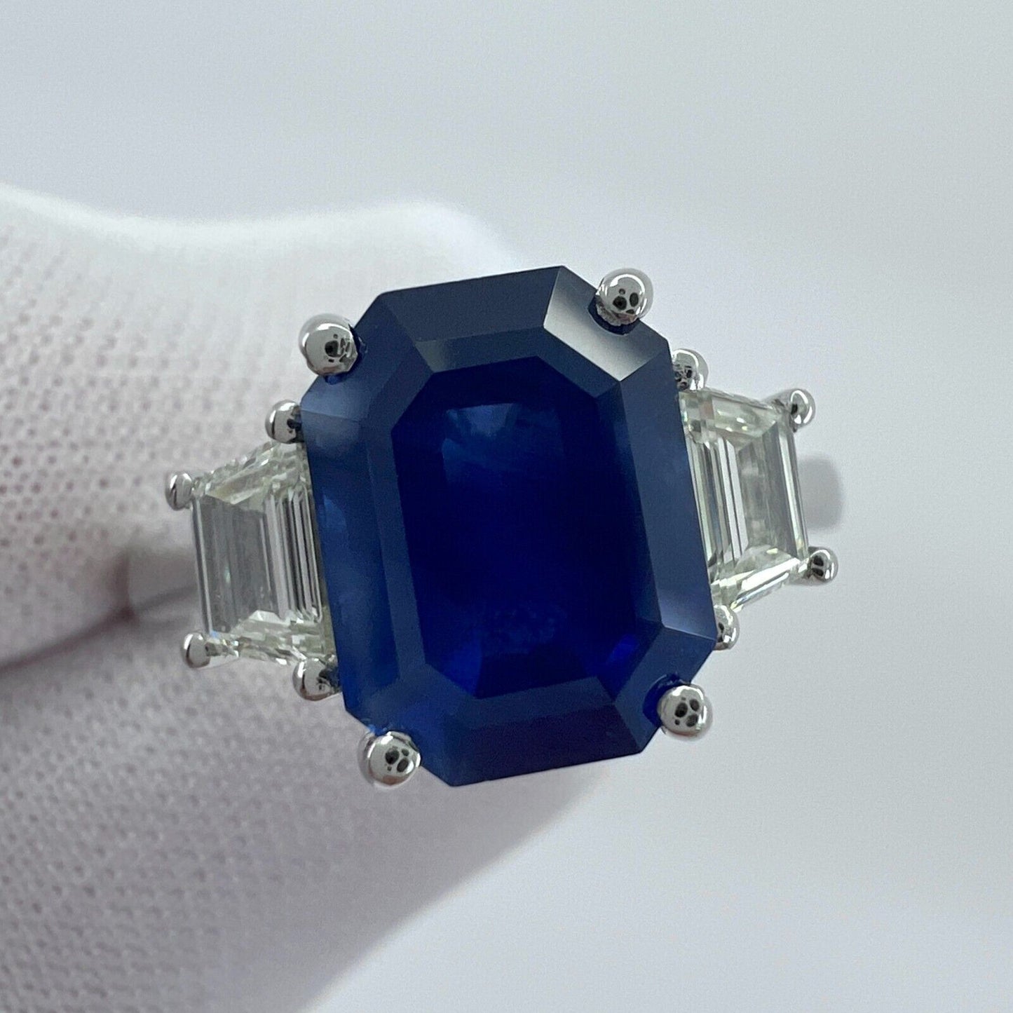 4 Carat Emerald Cut Ceylon Blue Sapphire & Diamond Platinum Three Stone Ring