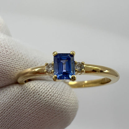 Delicate Ceylon Blue Emerald Cut Sapphire & Diamond Three Stone 18k Gold Ring