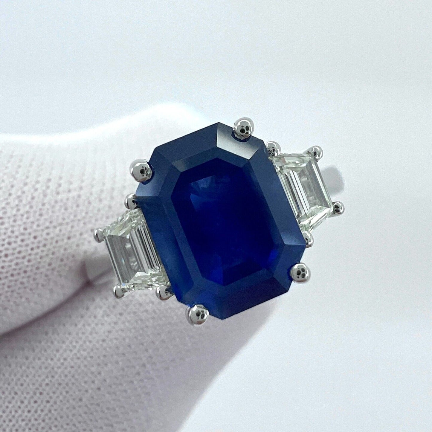 4 Carat Emerald Cut Ceylon Blue Sapphire & Diamond Platinum Three Stone Ring