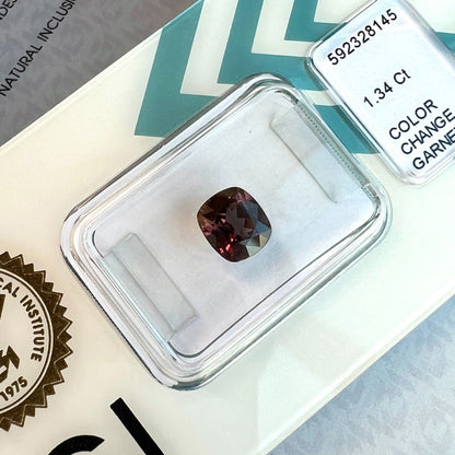 1.34ct Colour Change Garnet NATURAL Cushion Cut RARE IGI CERTIFIED Gemstone